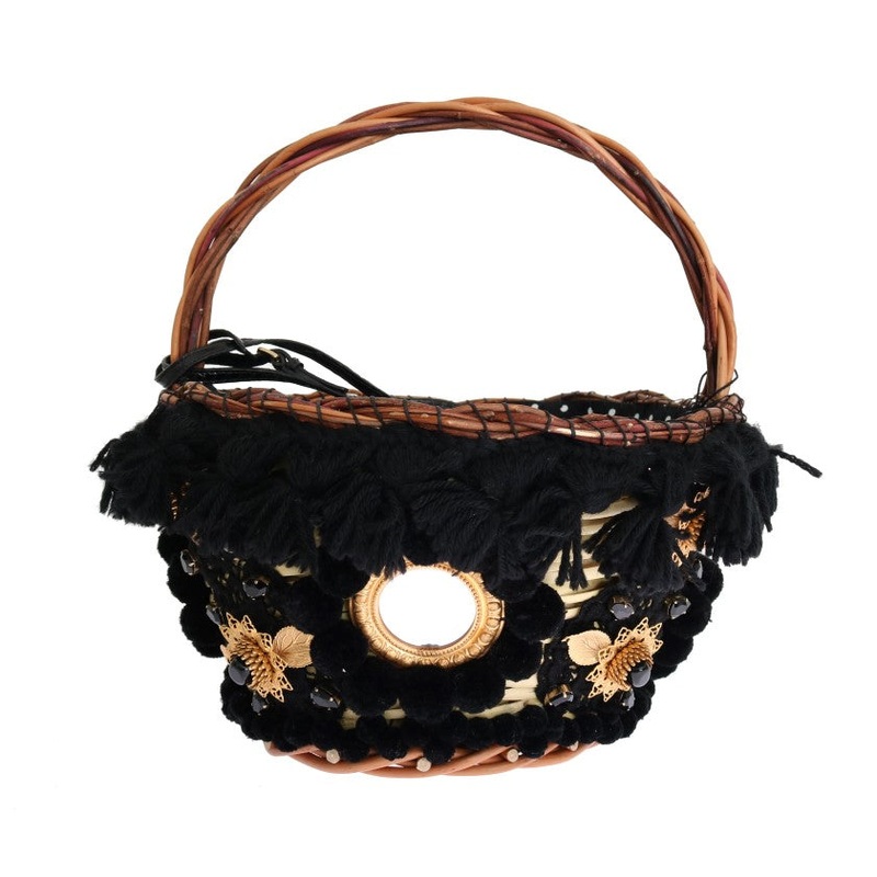 Dolce & Gabbana Beige Straw Snakeskin Pom Pom Crystal AGNESE Bag