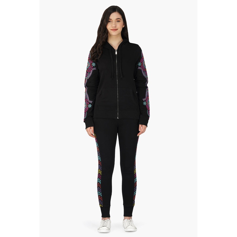 Black embroidered Long sleeve hooded jacket