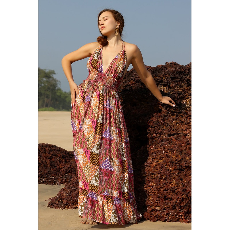 Boho Bliss Patchwork Halter Maxi Dress