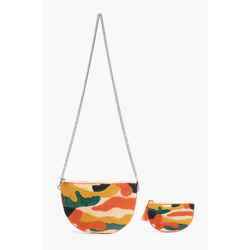 Orange Camo Embellished Crossbody Pouch with Coin Pouch