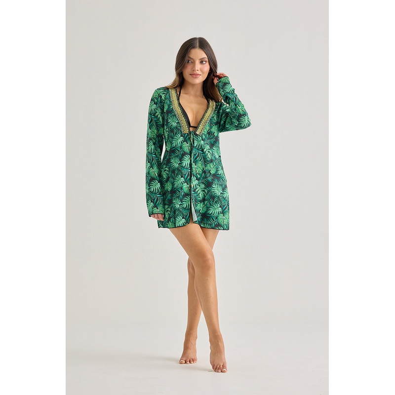 Tropical Leaf Mini Cover-Up Dress  Embellished Beach Chic