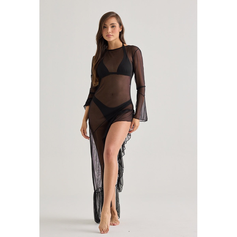 Black Transparent Beach DressLong Sleeve And Asymmetrical Cut