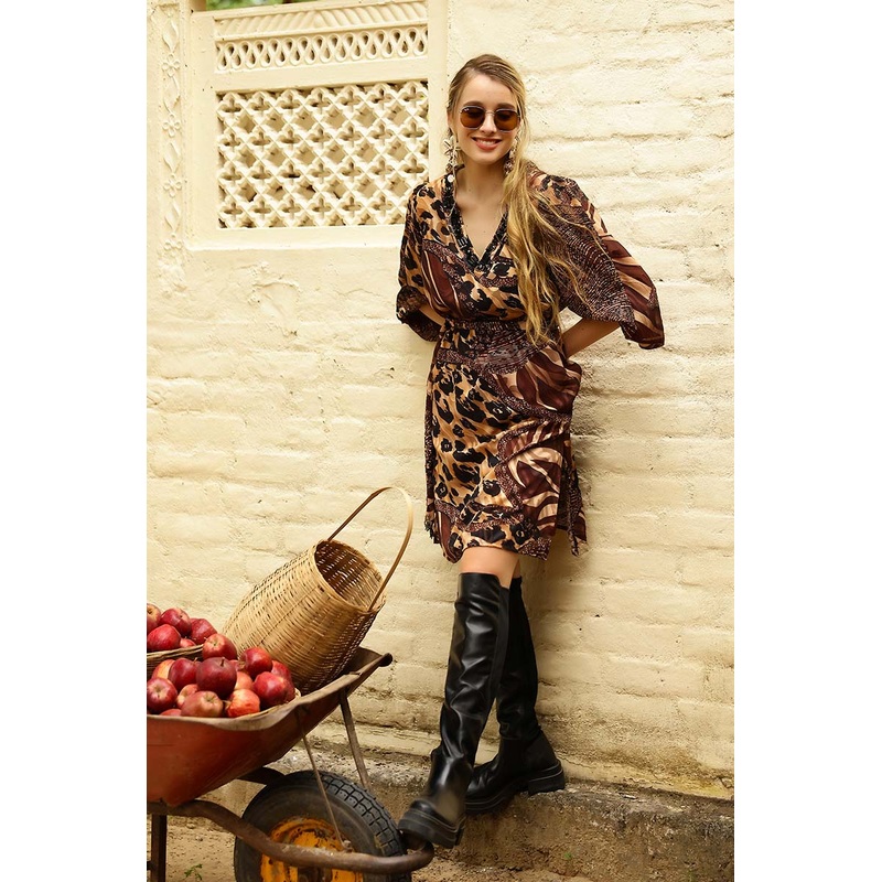 Brown Animal Patch Print Short Dress