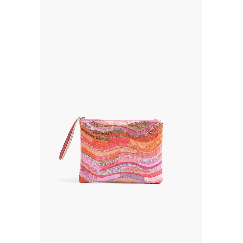 Orange to Mauve Ombre Embellished Top Zip Clutch