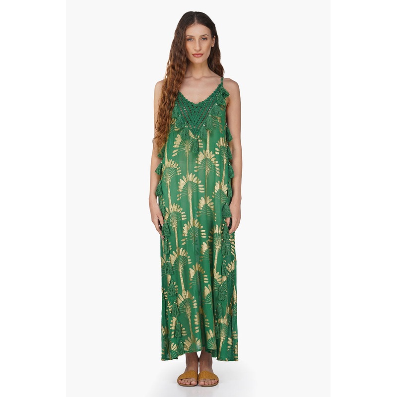 Pine Green Palm Tassel Foil Maxi Dress