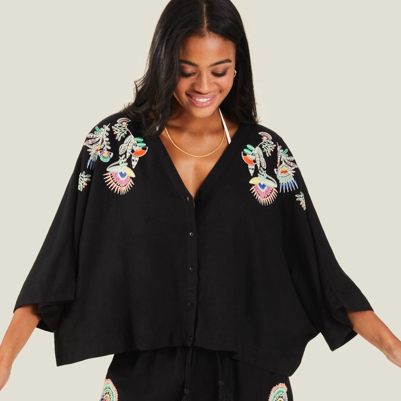 Accessorize London Women's Black Embroidered Beach Shirt Large