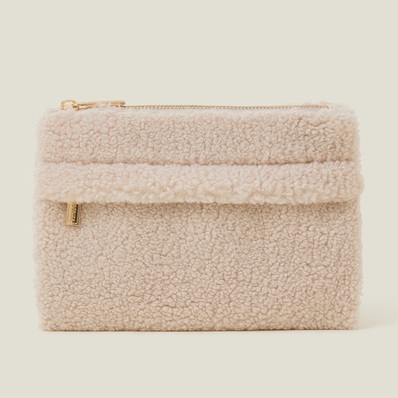 Accessorize London Women's Cream Medium Faux Shearling Zip Pouch