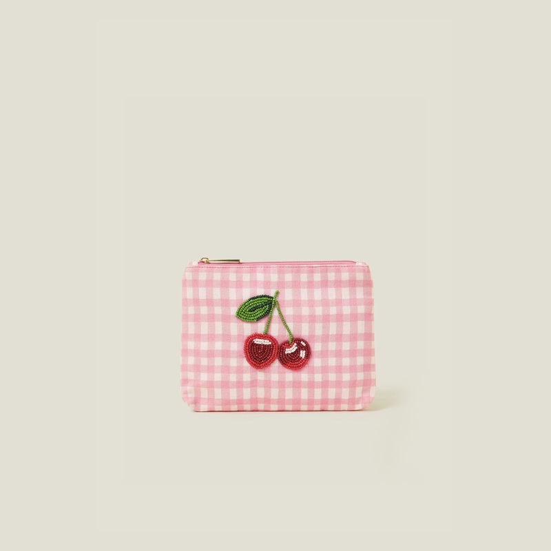 Pink Cherry Beaded Gingham Pouch