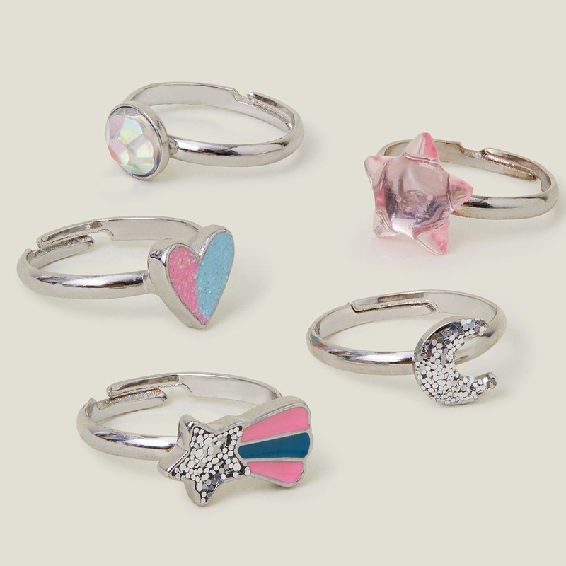 Accessorize London Girls Adjustable Celestial Glitter Rings Set of 5