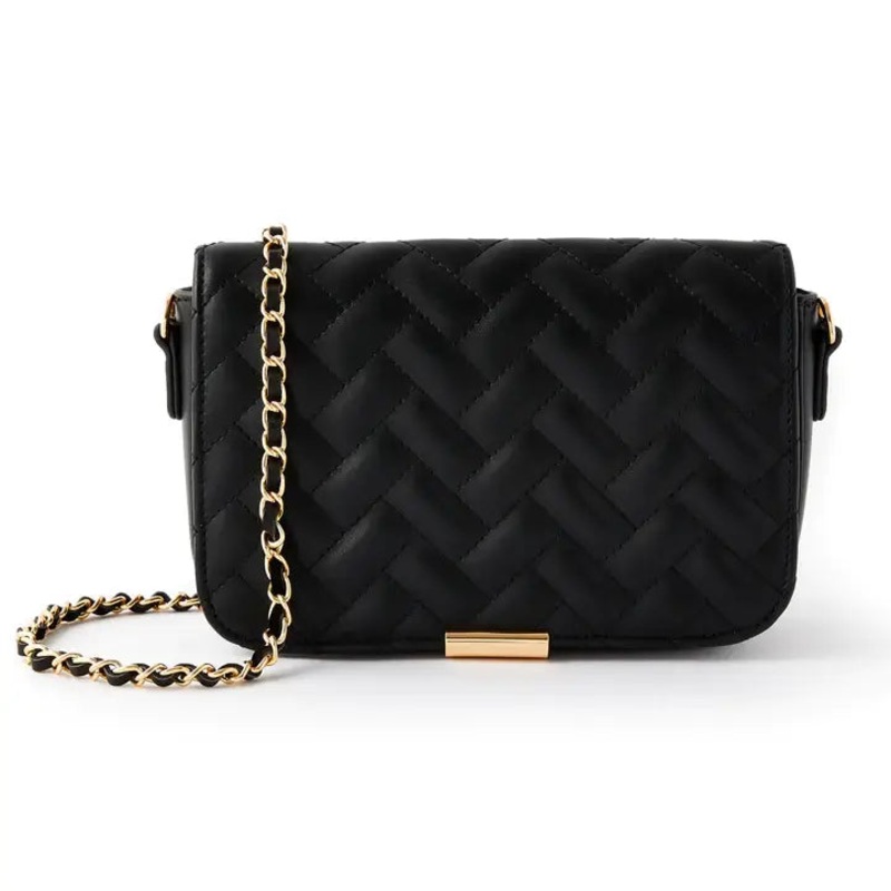 Accessorize London Women's Faux Leather Black Quinn Quilted Woven Chain Sling Bag