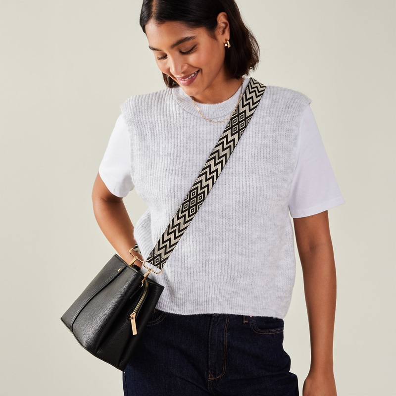 Black Faux Leather Webbing Strap Sling Bag