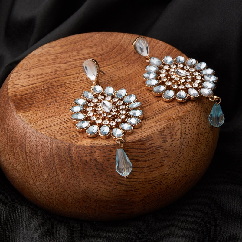 BLUE KUNDAN LONG DROP EARRING