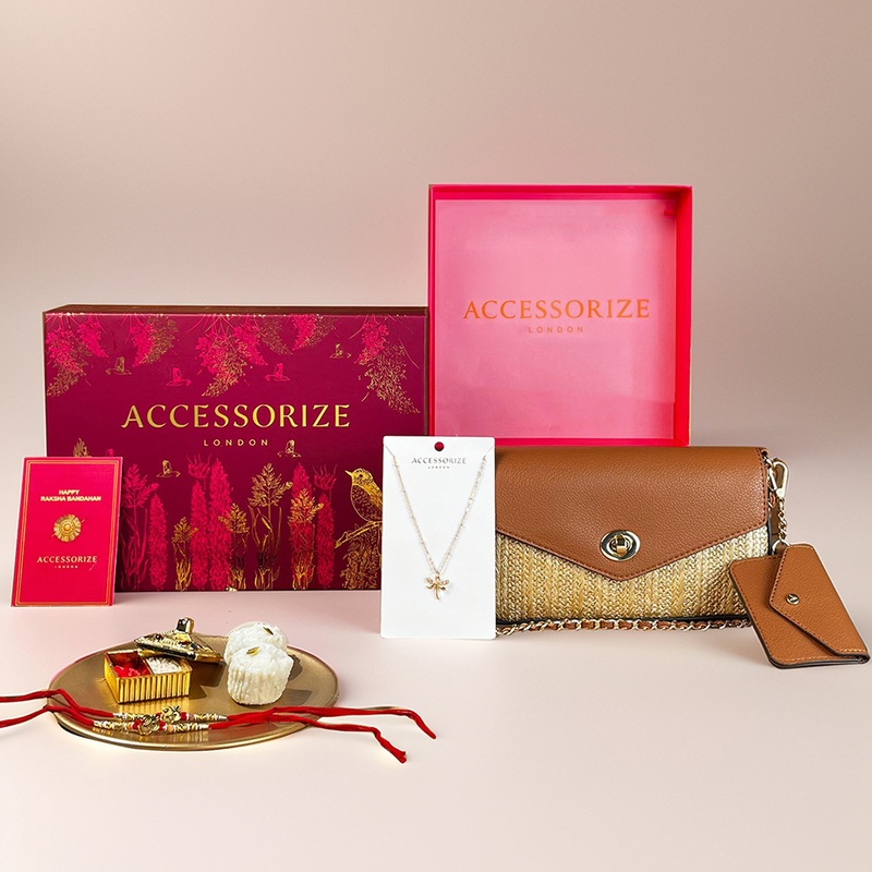 Brown Metallic Raffia Sling Bag  & a gold pendant necklace combo set  (Rakhi Gift Hamper Box)