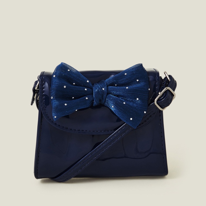 Navy Blue Patent Diamante Bow Bag