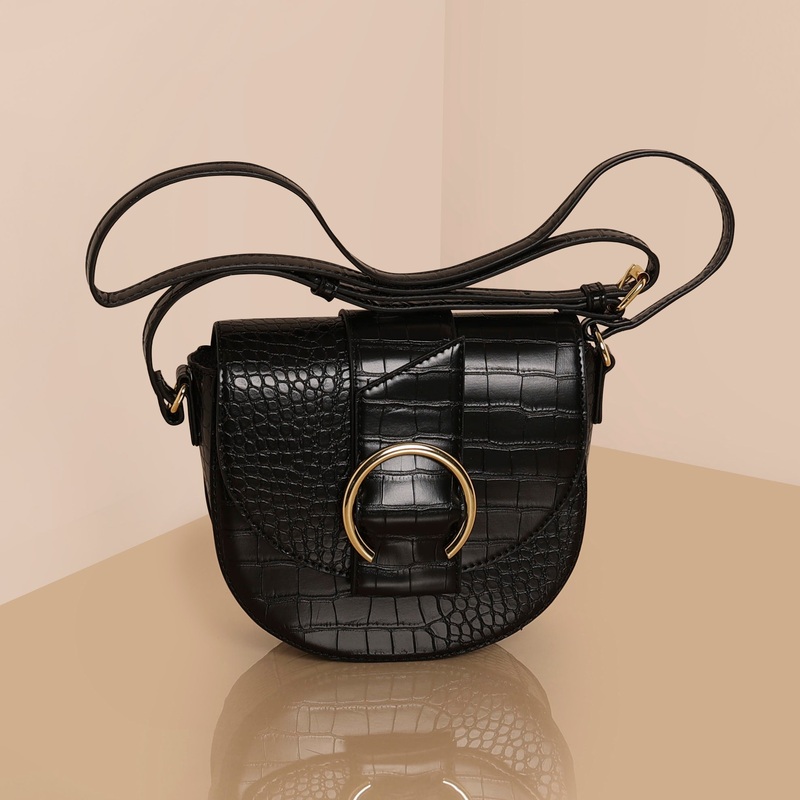 Accessorize London Women's Black Faux Croc Ring Detail Saddle Bag