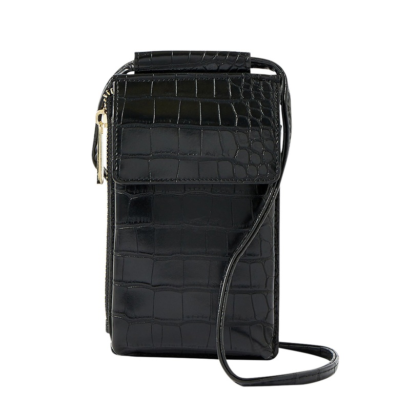 Accessorize London Women's Faux Leather Black Carrie Croc Phone Bag