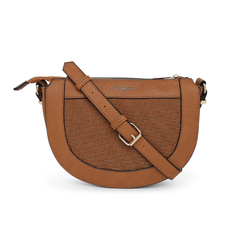 Accessorize London Women's Tan Woven crescent cross-body bag