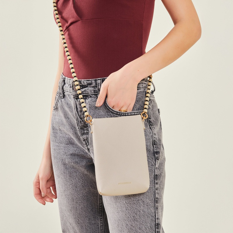 Cream Beaded Strap Phone Bag