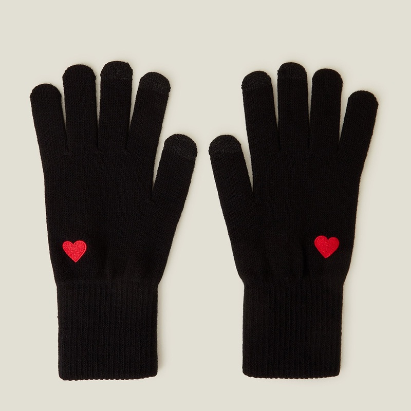 Touchscreen Heart Embroidered Knit Gloves Black