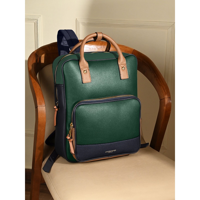 Accessorize London Women's Faux Leather Green Pocket Handle Backpack With 12 Laptop Sleeve