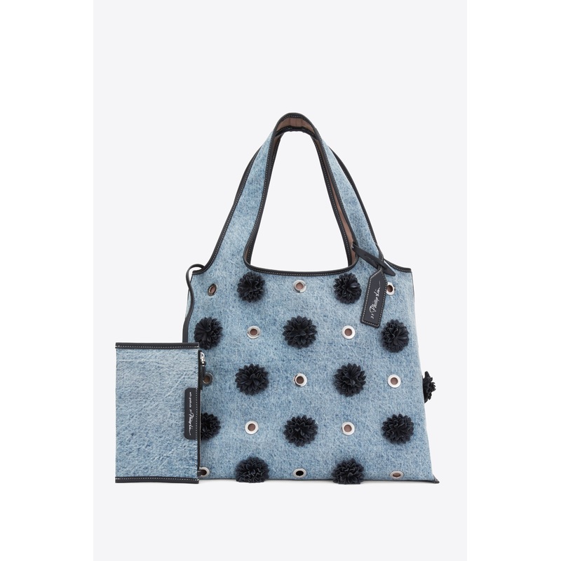 Denim Market Tote with Leather Flowers
