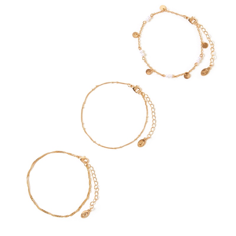 Gold Pearl Charm Chain Anklets Pack Of 3