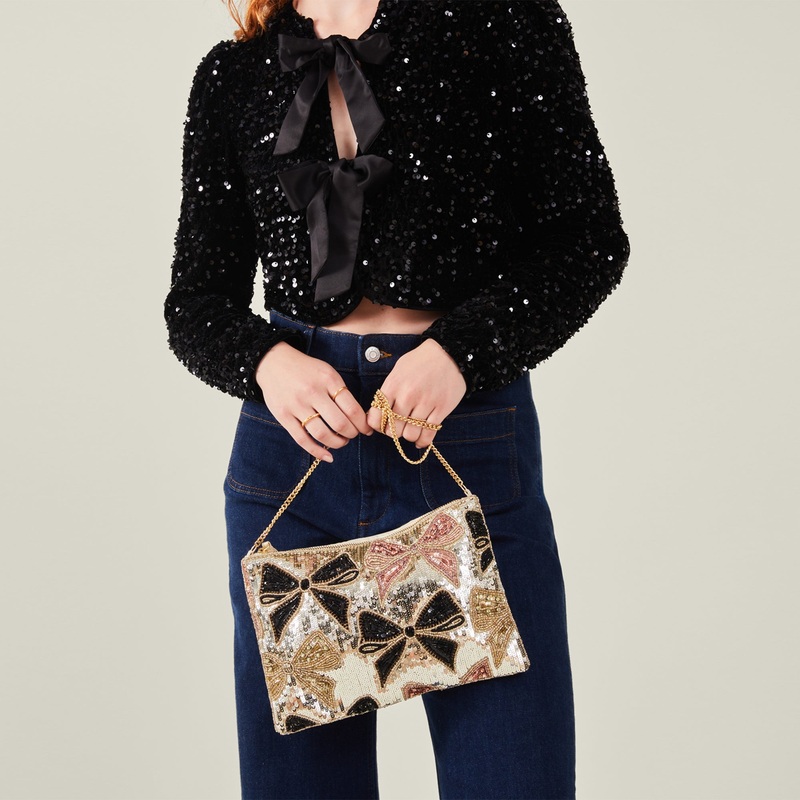Gold Sequin Bow Zip Top Clutch Bag