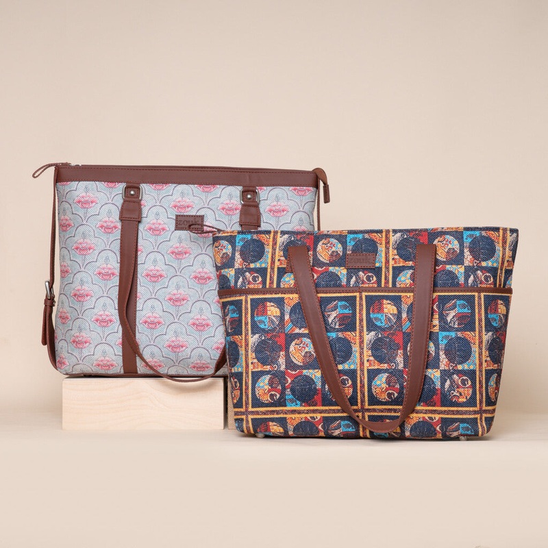 Karur Aquamarine Floral Motif and African Art - Office Bag & Tote Bag Combo