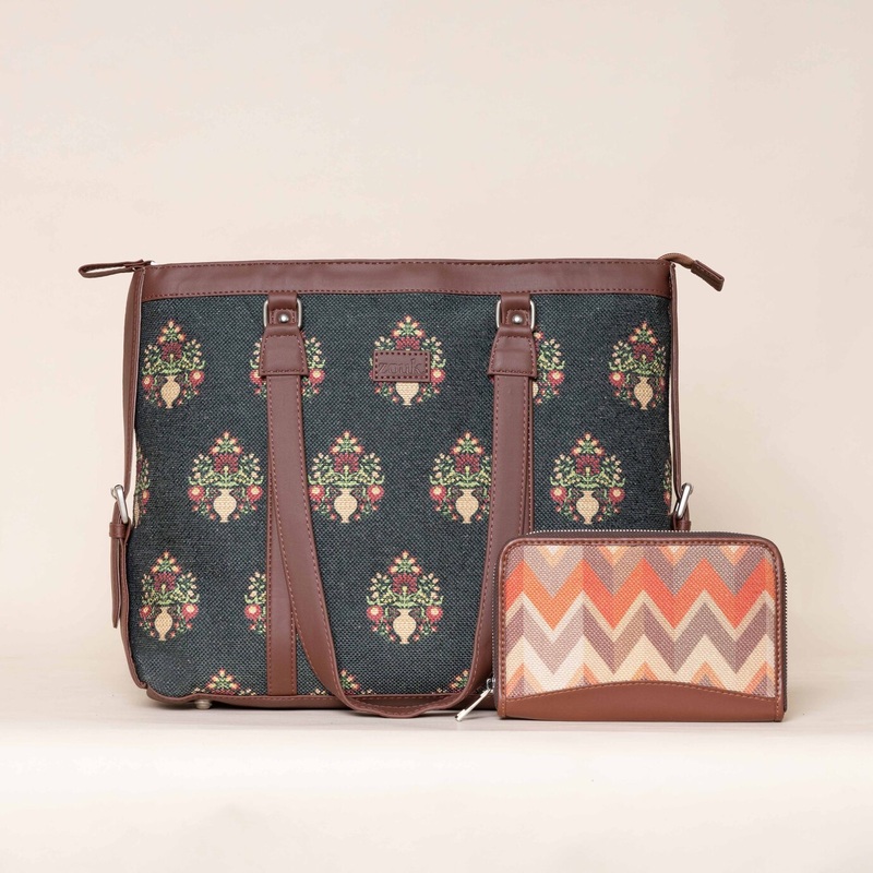 Royal Green Mogra Print and Tidal Wave - Office Bag & Chain Wallet Combo