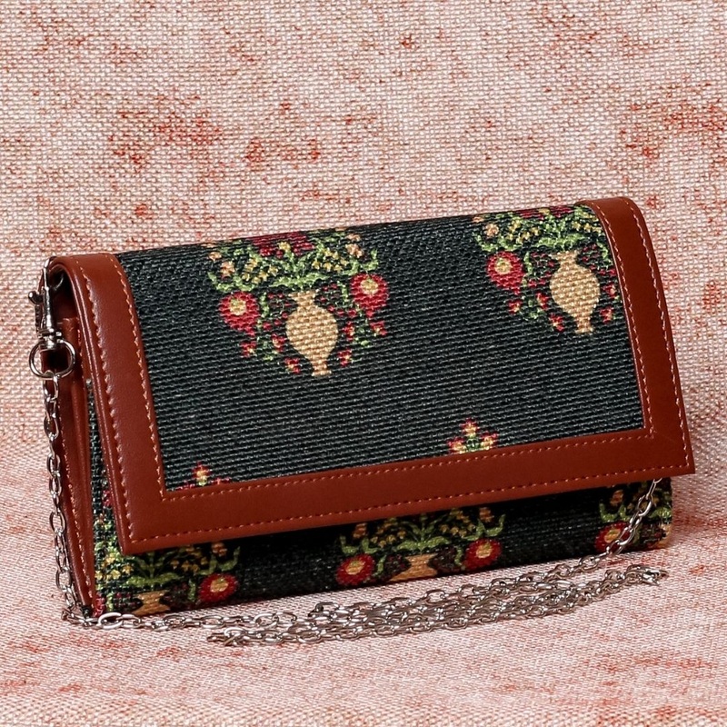 Royal Green Mogra Print Two Fold Wallet with Detachable Sling