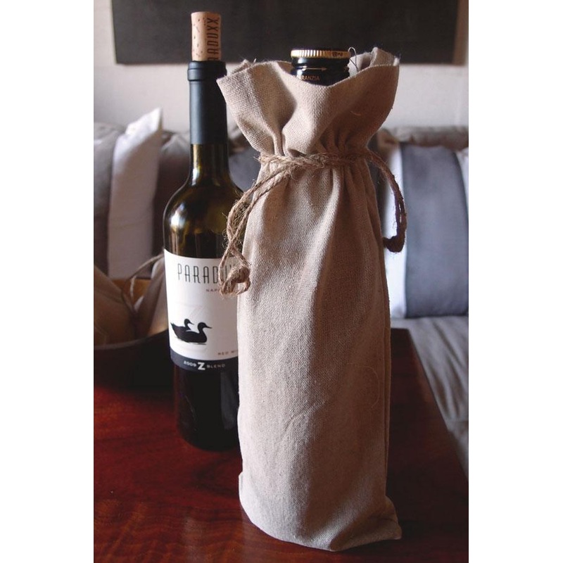 12 ct Cotton-Jute Natural Wine Bags with Drawstrings Closure - Single Bottle - By Dozen