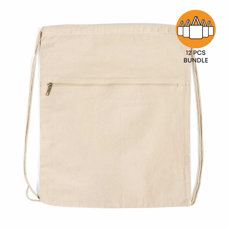 12 ct Zippered Cotton Canvas Drawstring Bag Backpack - By Dozen