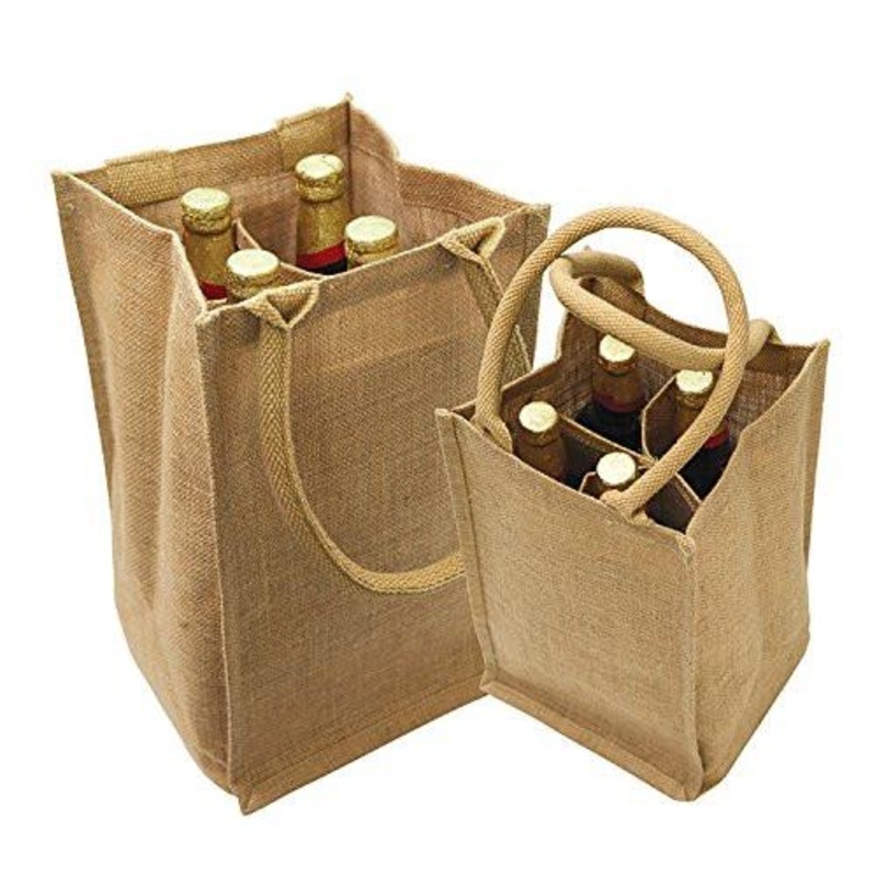6 ct Natural Jute Wine Bags / Burlap Wine Tote Bags with Removable Dividers - By Bundle