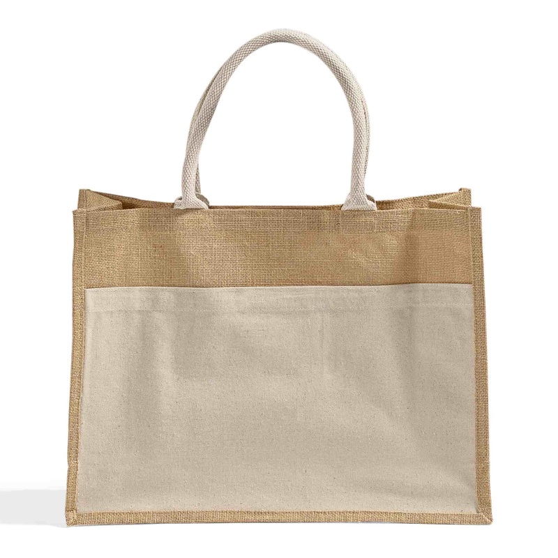 Easy-to-Decorate Jute Tote Bags with Canvas Front Pocket - TJ314