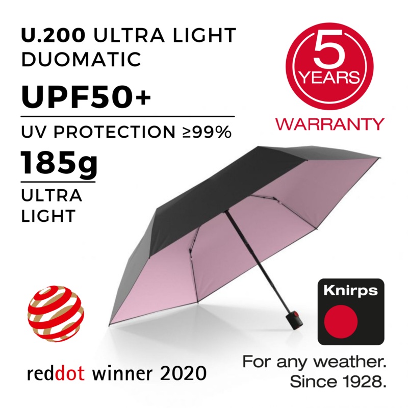 Knirps U.200 Ultraslim Duomatic (UV Protection) - Black / Rose Inner Coating