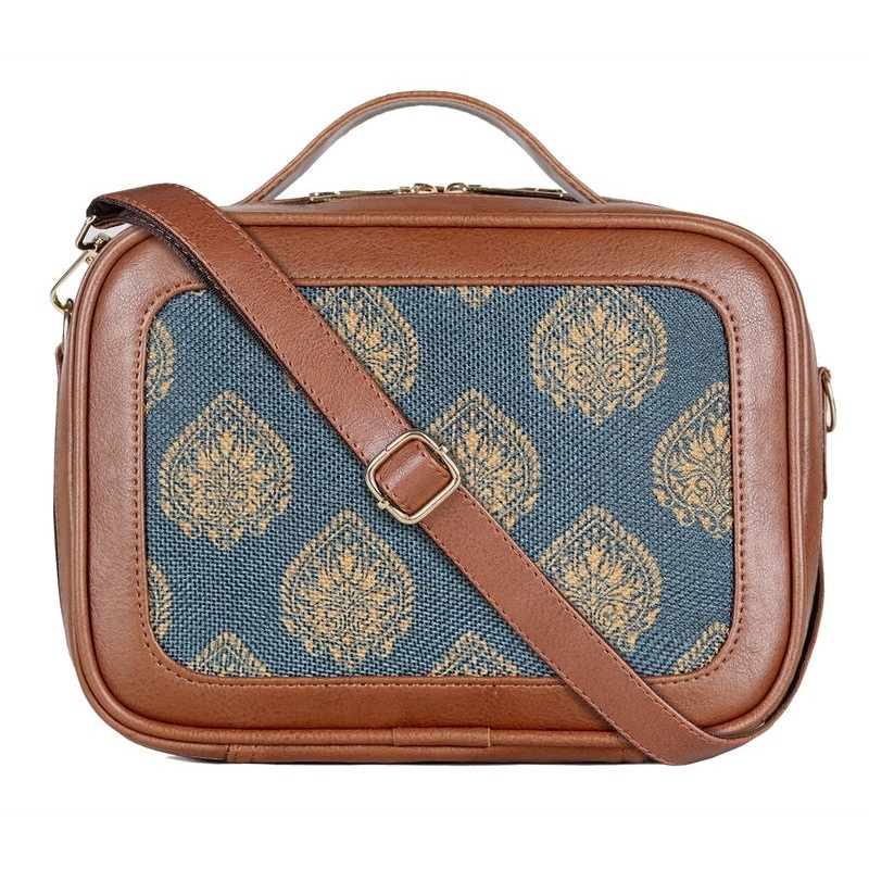 THE CLOWNFISH Abana Polyester and Faux Leather Crossbody Sling bag with Top Handle for Women Party Bag Purse with Adjustable Shoulder Strap and Printed Design for Ladies College Girls (Light Blue)