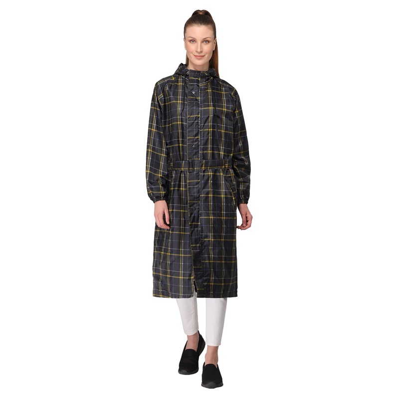 THE CLOWNFISH Dynamic Pro Series Women's Waterproof Polyester Reversible Raincoat/Longcoat with Hood and Reflector Logo at Back for Night Visibility -With Storage Bag (Black, XL)