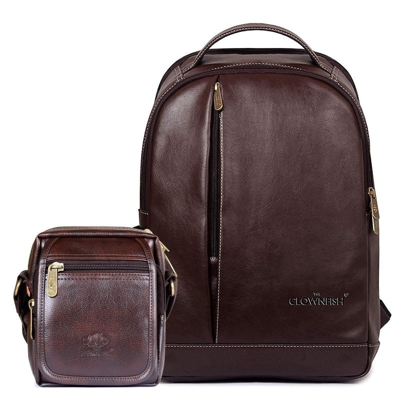 Combo: Fredrick Faux Leather 15.6 inch Laptop Backpack & Sling Bag | 27L Backpack + 2L Sling | Hickory & Brown