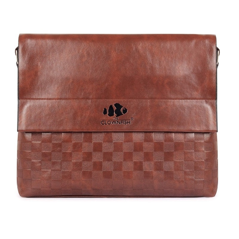 THE CLOWNFISH Checkers Series Synthetic 22 cms Brown Messenger Bag