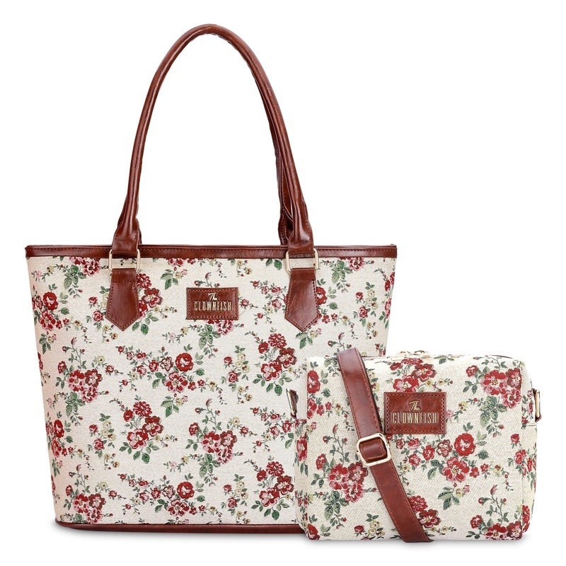 THE CLOWNFISH Combo Of Adelina Sling for Women Crossbody Bag for Ladies College Girls & Justina Tapestry Fabric & Faux Leather Handbag for Women (Off White-Floral)