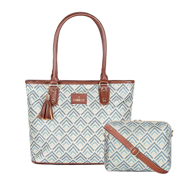 THE CLOWNFISH Combo Of Percy Printed Handicraft Fabric Handbag for Women Isla Printed Handicraft Fabric Crossbody Sling bag for Women (Ash Grey)