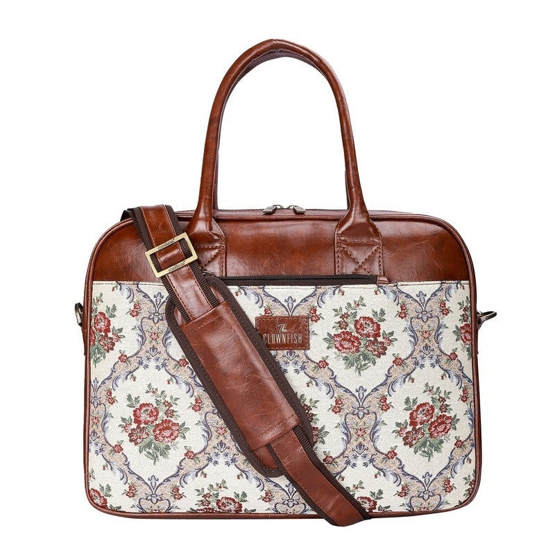 THE CLOWNFISH Deborah series 15.6 inch Laptop Bag For Women Tapestry Fabric & Faux Leather Office Bag Briefcase Messenger Sling Handbag Business Bag (Brown-Floral)