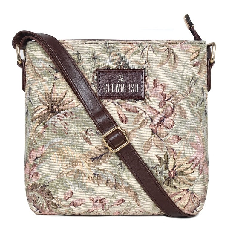THE CLOWNFISH Flavia Series Sling for Women Tapestry Fabric & Faux leather Casual Ladies Single Shoulder Bag For Women Crossbody Bag for College Girls (Flax)