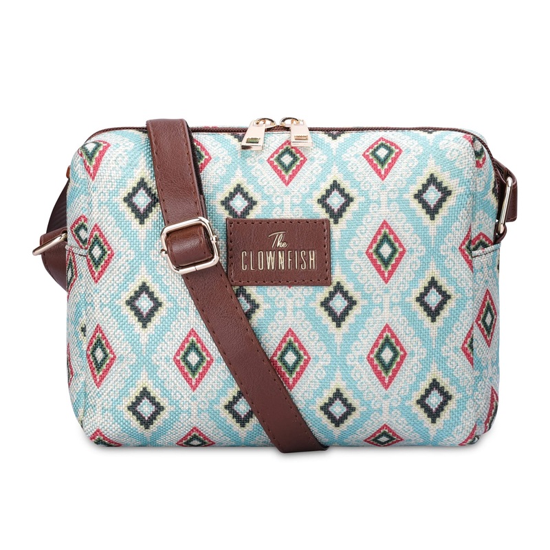 THE CLOWNFISH Isla Printed Handicraft Fabric Crossbody Sling bag for Women Casual Party Bag Purse with Adjustable Shoulder Strap and Printed Design for Ladies College Girls (Ash Grey)