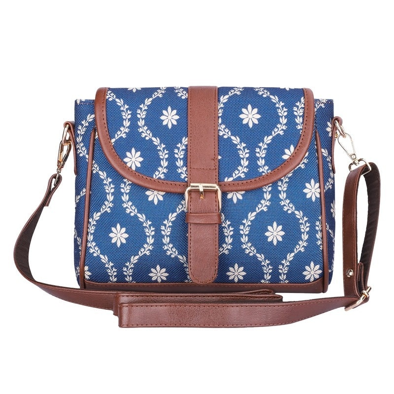THE CLOWNFISH Madeline Printed Handicraft Fabric Handbag for Women Sling Bag Office Bag Ladies Shoulder Bag with Snap Flap Closure & Shoulder Belt Tote For Women College Girls (Multicolour)