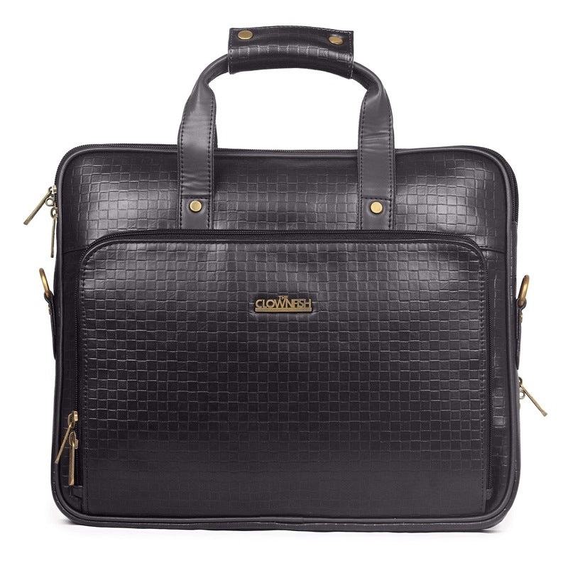 THE CLOWNFISH Milan Series Laptop Briefcase - Vegan Leather, Adjustable Shoulder Strap | 14 inch | Charcoal Black