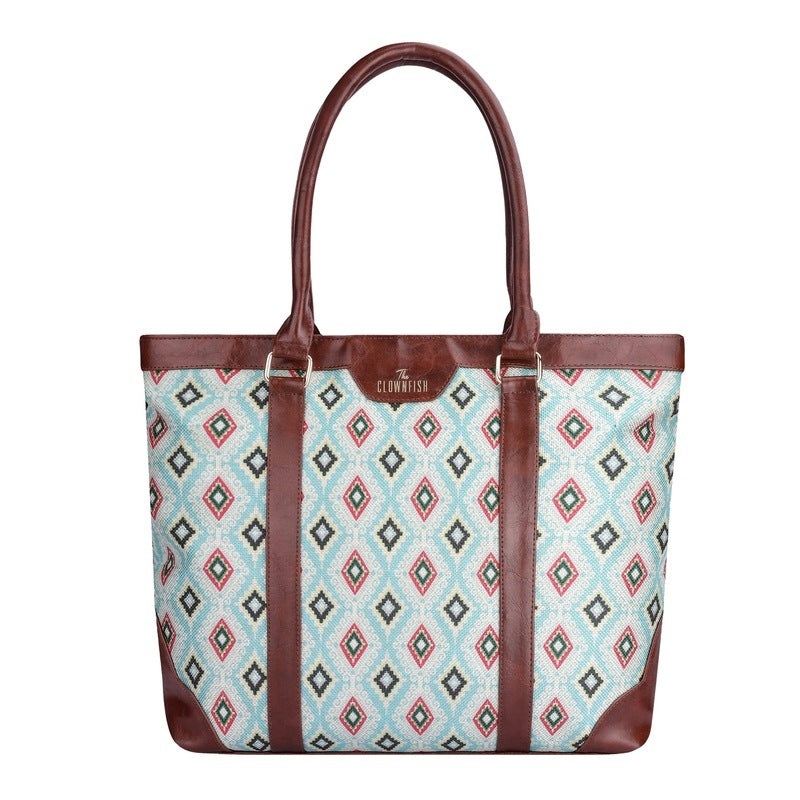 THE CLOWNFISH Miranda Series 15.6 inch Laptop Bag For Women Printed Handicraft Fabric & Faux Leather Office Bag Briefcase Hand Messenger bag Tote Shoulder Bag (Bottle Green)