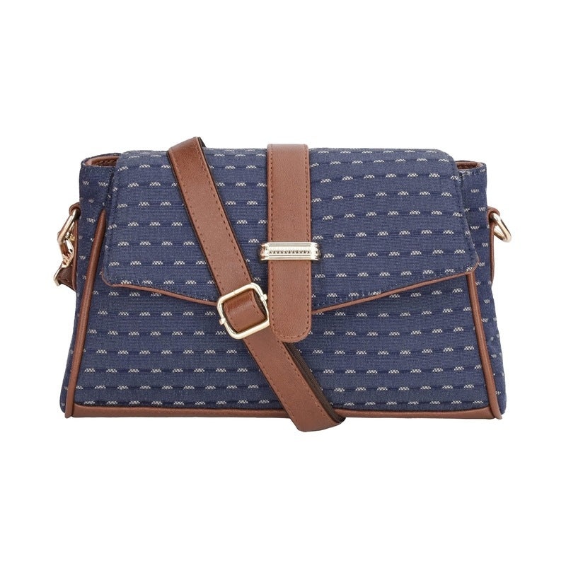 THE CLOWNFISH Odelina Series Printed Handicraft Fabric Handbag for Women Sling Bag Office Bag Ladies Shoulder Bag with Snap Flap Closure & Shoulder Belt Tote For Women (Dark Blue)