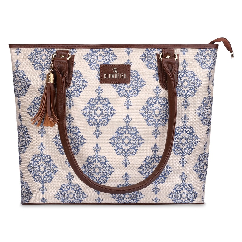 The Clownfish Percy Printed Handicraft Fabric Handbag for Women Office Bag Ladies Shoulder Bag Tote for Women College Girls (Off White)