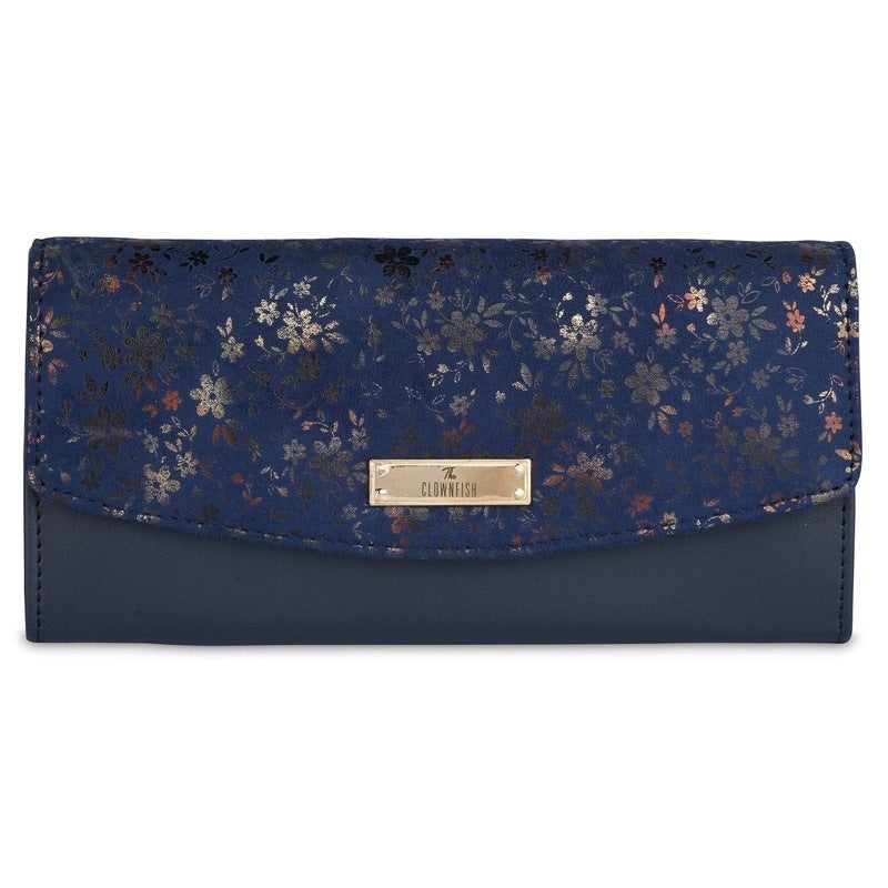 Women`s Wallet Clutch with Floral Design & Multiple Card Slots | Coin Pocket | Compact Size | Navy Blue